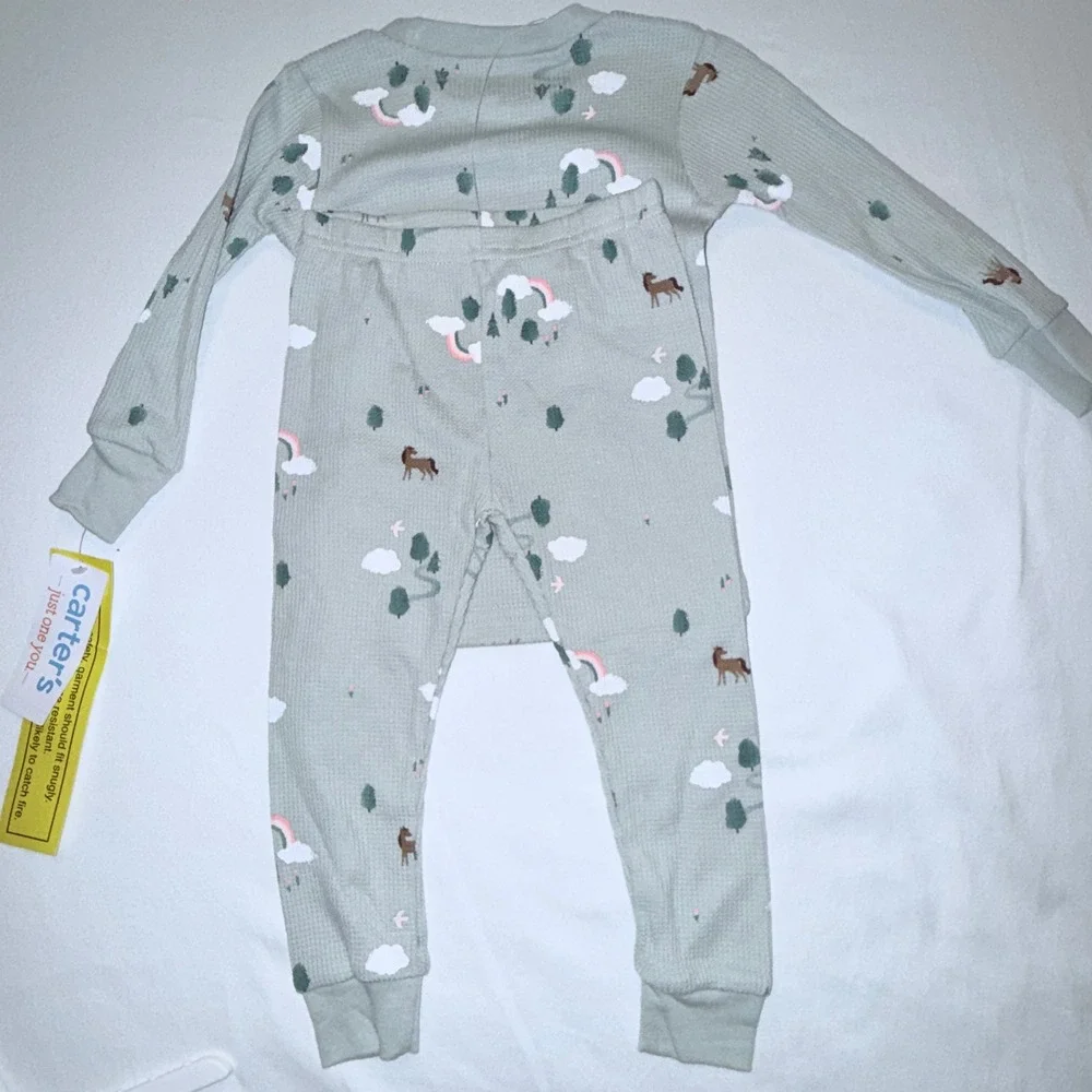 Carter's Pajama Set Kids 18M Green NEW‎ Thermal Waffle Horse Rainbow